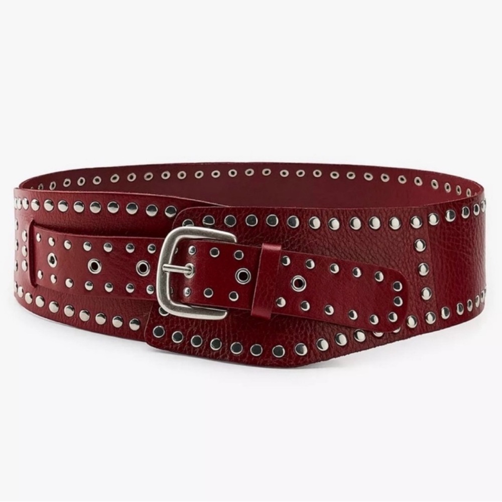 ZARA NWT STUDDED LEATHER SASH BELT RED BURGUNDY 100% LEATHER EU 85 US 32